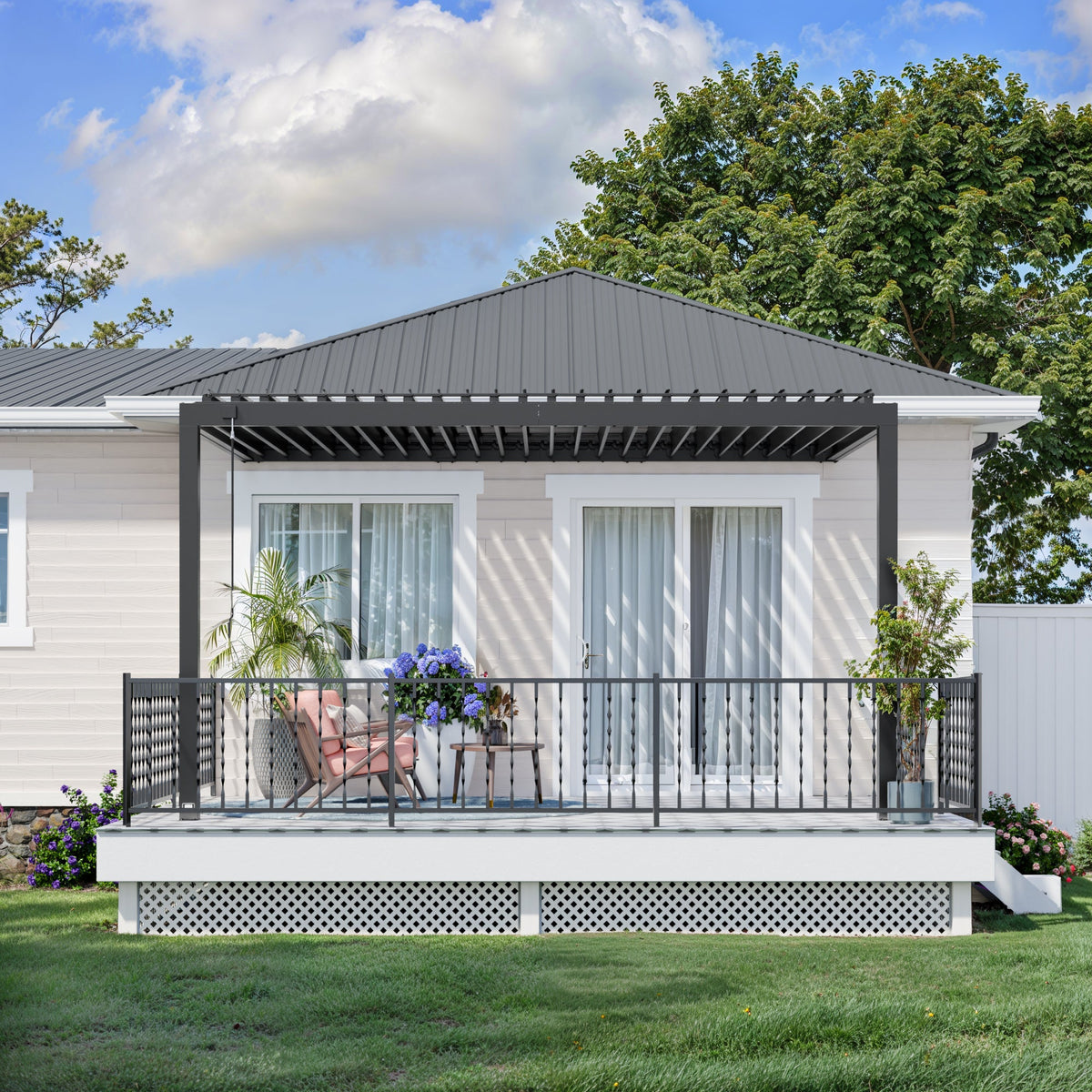14x10 Evanston Wall Mounted Louvered Pergola