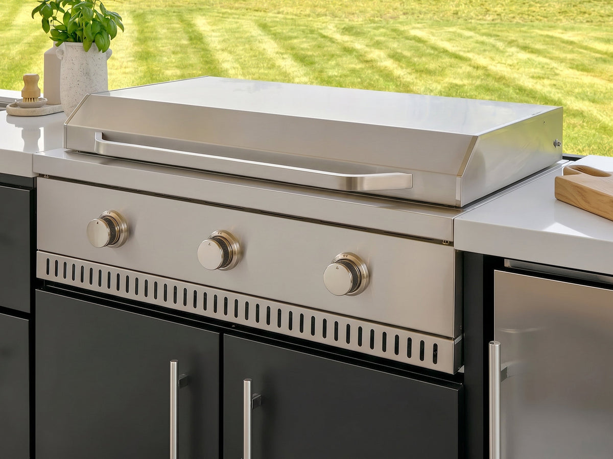 Emory | Corner Outdoor Kitchen Island with Built-In Griddle & Pizza Oven