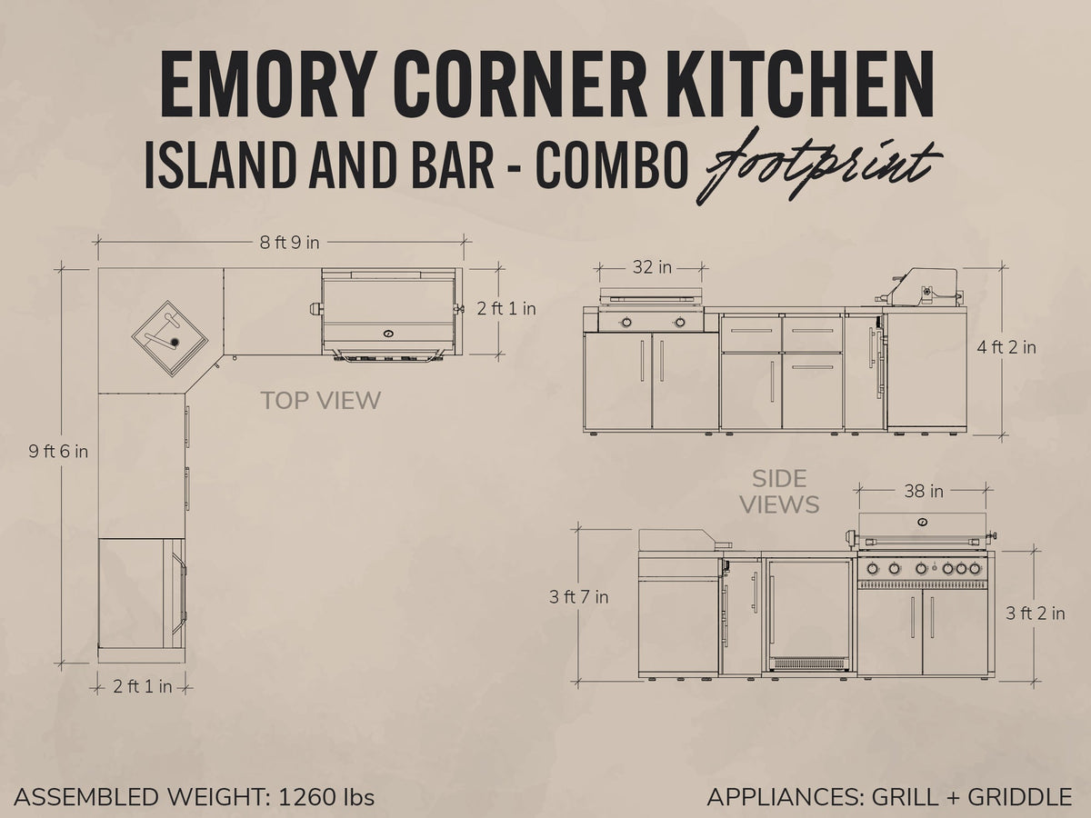 Emory | Corner Outdoor Kitchen Island with Built-In Grill & Griddle