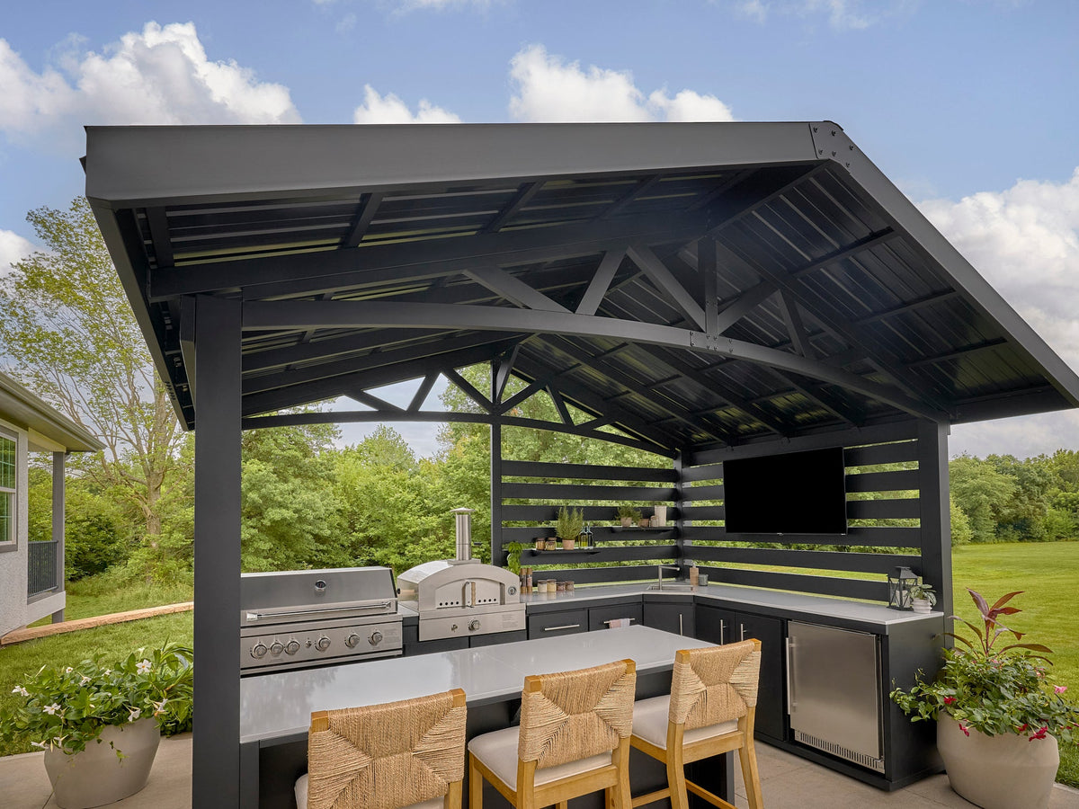 Langston | Covered Walk-In Outdoor Kitchen with Built-In Griddle & Pizza Oven